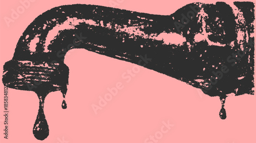 Tap with a water drip in a flat style. Black faucet vector illustration set against a pink background.