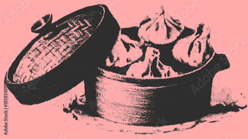 Dumpling in a steam container. Vintage food vector illustration featuring a simple design in a traditional culinary set.
