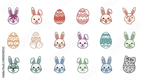 Collection of Easter Bunny Faces and Decorated Eggs.