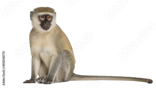 Green monkey sitting isolated PNG on transparent background, vervet monkey primate with grey fur and black face, animal wildlife