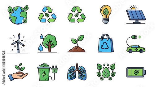 Collection of Eco Friendly Icons Representing Sustainability and Nature.