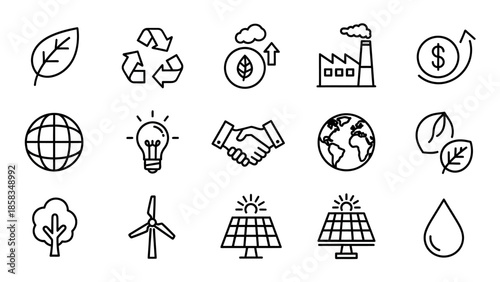Collection of eco-friendly and sustainable living icons.