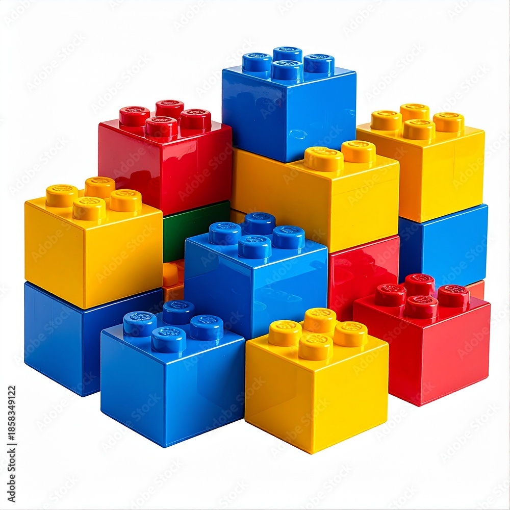 Fototapeta premium Pile of colorful square plastic toy building blocks. Great for childrens education, creativity, playtime, design, construction concept backgrounds.