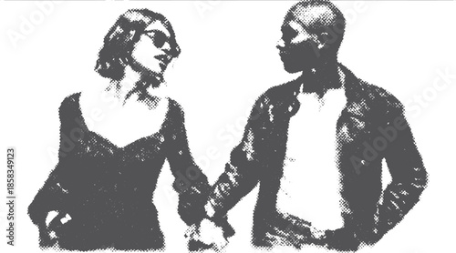 Couple illustration in modern fashion style. Holding hands with shades and jacket, this vector illustration showcases a trendy urban vibe.