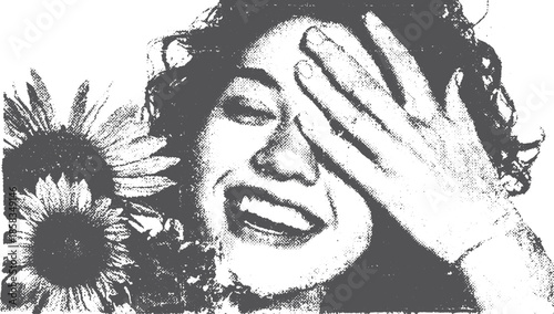 Woman smiling with sunflowers. Black and white vector illustration showcasing beauty and happiness in nature.