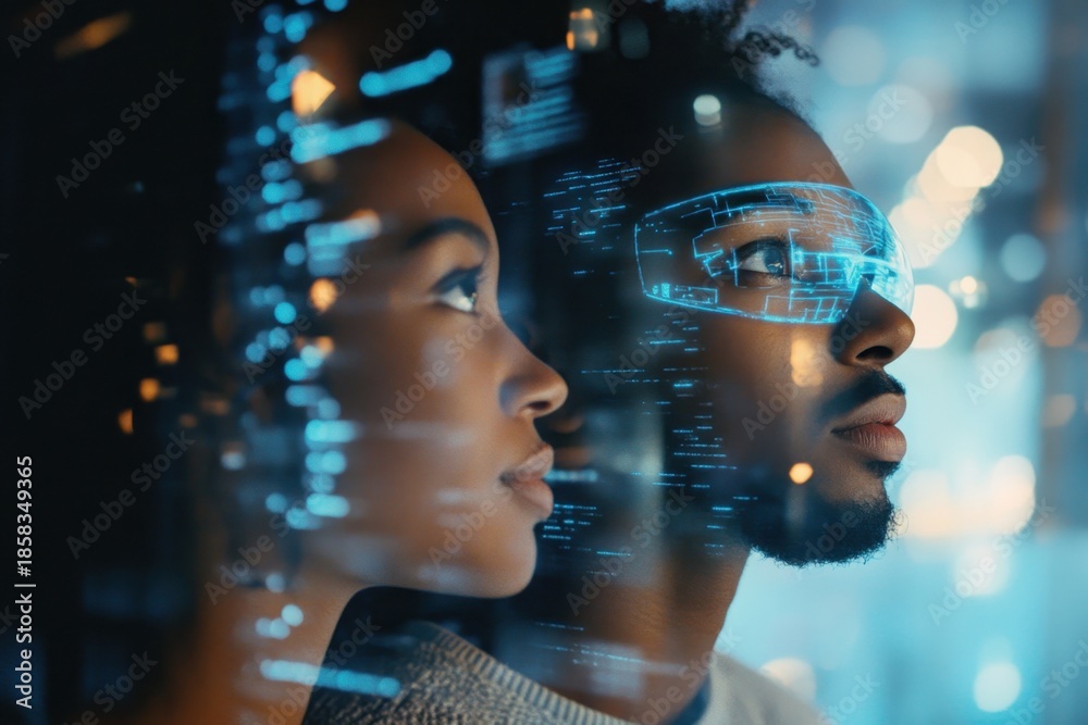 Fototapeta premium Futuristic couple exploring augmented reality in a digital environment