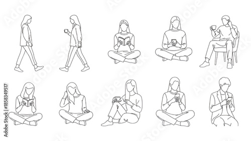 Woman Meditating and Using Mobile Phone Line Art Illustrations