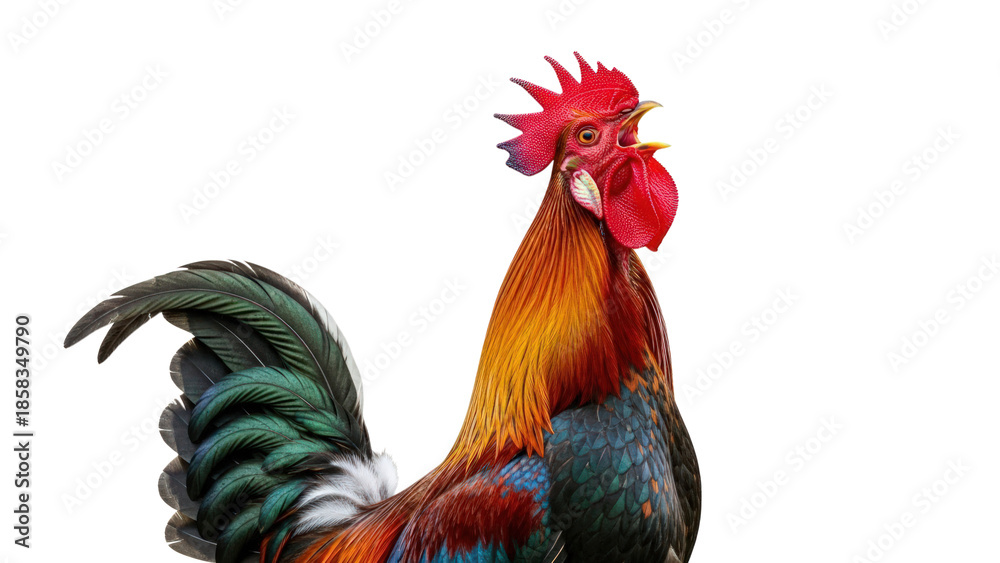 Fototapeta premium Rooster standing and crowing isolated on transparent background