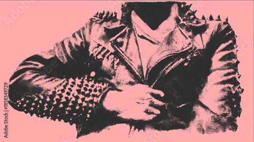Punk leather jacket with spikes in a bold graphic design. Modern fashion showcased in a stylish vector illustration set.