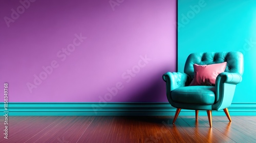 A modern turquoise armchair, paired with a soft pink cushion, is set against a vibrant purple and teal wall, creating a visually striking and contemporary interior design scene.