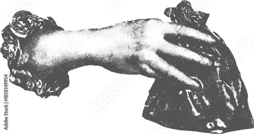 Hand with ornate cuff in a vintage style. Black and white vector illustration of a clothing accessory set.