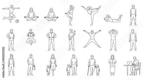 People Practicing Yoga and Various Activities in Simple Line Art Style