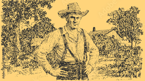 Man portrait in a vintage style. Detailed farmer vector illustration outdoors in a rural field with trees and a homestead background.