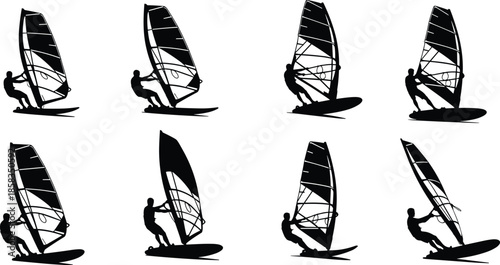 Set of black windsurfer silhouettes, men riding sailboards, vector illustration for summer water sports and extreme ocean design.