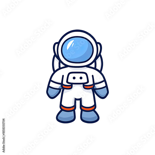 Cute astronaut in white spacesuit with blue helmet and orange accents