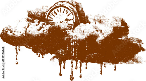 Cloud with a clock and droplets. Vintage brown vector illustration creating an abstract theme that combines time and nature.