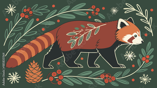 Red panda walking through festive winter forest scenery