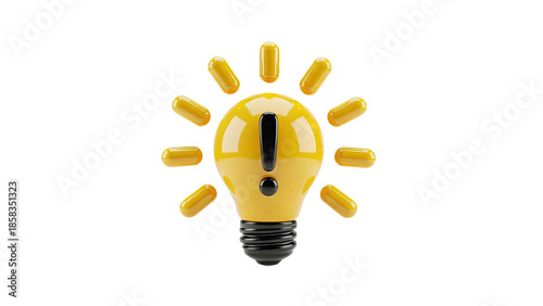 Yellow Lightbulb with Exclamation Mark and Rays on White Background