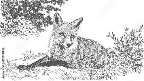 Fox in a detailed sketch style. Wildlife illustration showing a relaxed mammal in natural surroundings with grass and bushes, vector art.