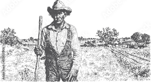Farmer holding a tool in a field, depicted in a detailed black and white vector illustration showcasing rural agriculture and landscapes.