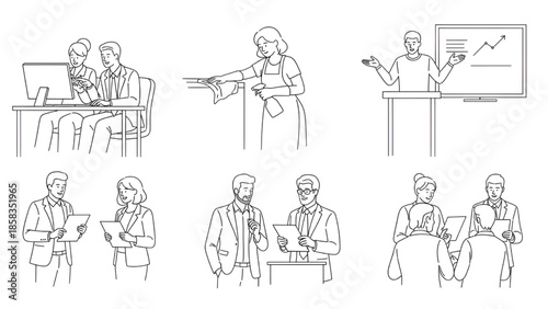 Business Professionals in Meeting Discussing Data on Whiteboard with Line Graph, Modern Office Setting, Monochrome Illustration, Business Presentation, Corporate Teamwork