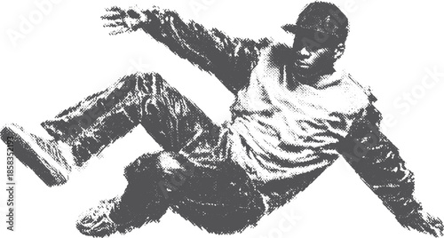 Dynamic breakdancer in movement. Black and white silhouette vector illustration showcasing contemporary dance performance.