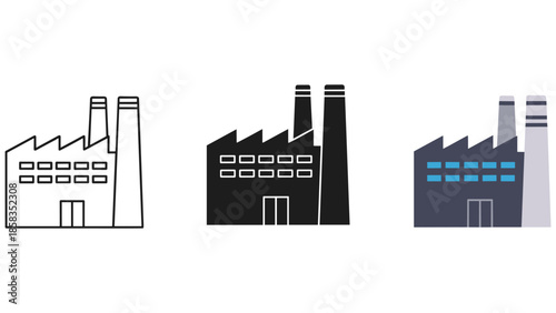 Industrial factory buildings with chimneys in various styles