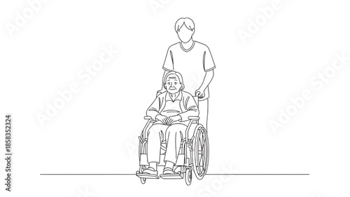 Caregiver Assisting Elderly Person in Wheelchair, Minimalist Line Art Style, Monochrome, Simple Background, Healthcare