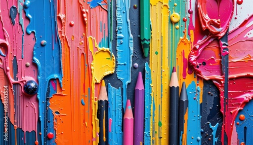 Colorful Drips of Paint and Crayons Create a Vibrant Artistic Background