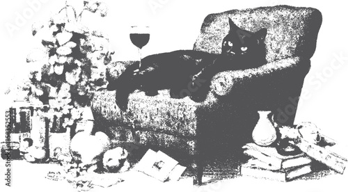 A black cat lounging on a cozy chair with a glass of wine beside it. Elegant vase and plants complement the interior in this vector illustration.