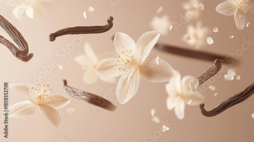 Floating vanilla beans and flowers.