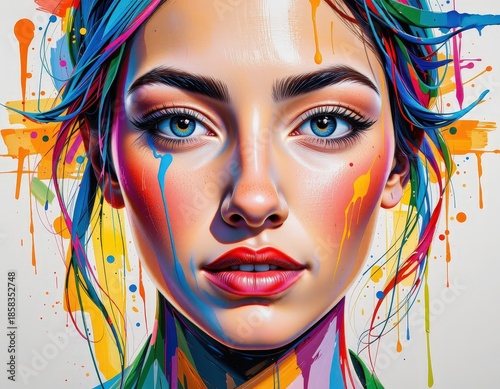 Vibrant Portrait with Colorful Paint Splashes and Striking Blue Eyes