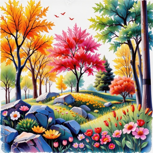 Vibrant Autumn Landscape with Colorful Trees, Flowers, and Rolling Green Hills