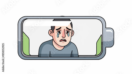 A man is crying in a video call on a digital device with a sorrowful expression