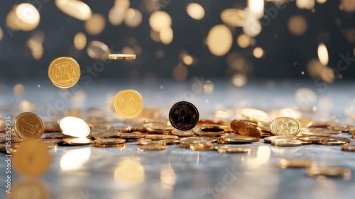 Golden Coin Shower: Gleaming golden coins cascade downwards, catching the light and creating a captivating visual, a perfect metaphor for prosperity, wealth and finance.