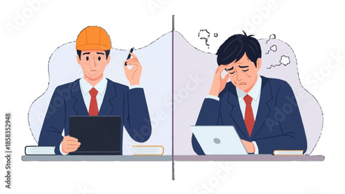 Two businessmen working at a desk with contrasting reactions to their work