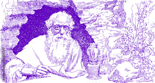 Old man with a beard sitting in a cave, holding a scroll beside a lantern. Hand-drawn vector illustration depicting a vintage atmosphere.