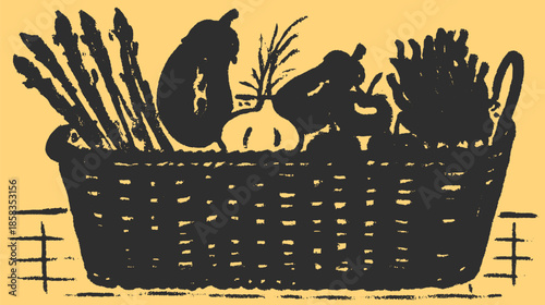 Set of vegetables in a basket: asparagus, carrot, pumpkin, and pepper. Simple black and white vector illustration in a coarse drawing style.