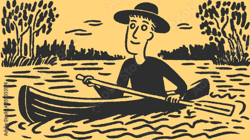 Man rowing a canoe in a river. Simple black and white vector illustration depicting nature and summer activities.