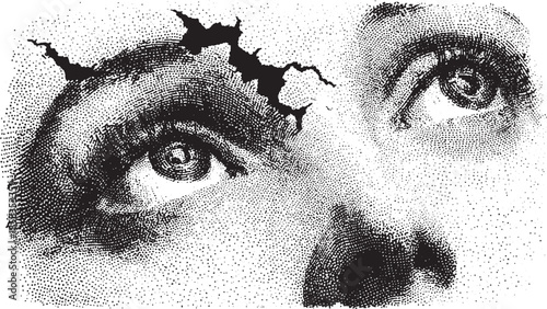 Eye illustration in black and white style. Detailed texture and abstract lines create a vector representation of facial expression.