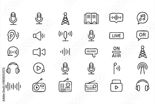 Audio and Sound Line Icons for Podcast, Radio, and Media Apps