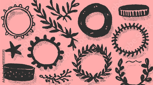 Decorative rings and wreaths in black hand-drawn style. Vintage elements with branches and leaves in a colorful set for graphic design vector illustration.