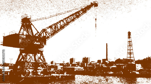 Industrial crane and factory equipment silhouetted against a landscape. Vector illustration of construction and machinery in an urban setting.