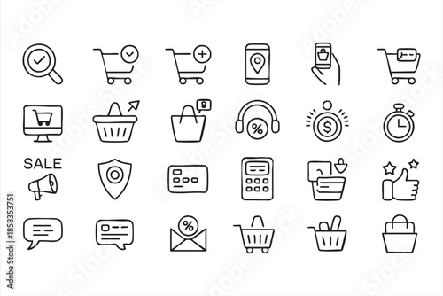 Digital Commerce and Mobile Shopping Line Icons Collection