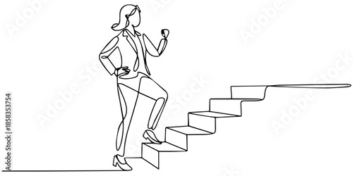 woman walking on the stairs, business and education concept. Woman climbing stairs continuous one line drawing, Continuous one line drawing of success business woman walk on stair.  Business concept