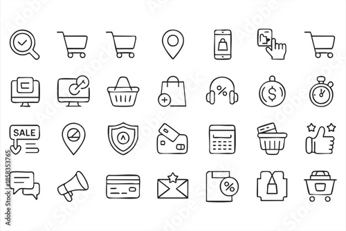 Black and White Online Store and Cart Outline Icons Set