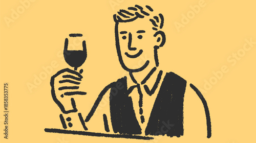 Waiter serving wine in a glass. Simple vector illustration featuring a happy male in a black outfit, ideal for restaurant service settings.