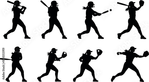 Black silhouette set of female softball and baseball players hitting batting throwing and catching isolated on white background vector illustration
