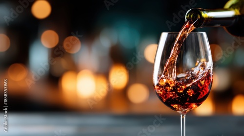 A close-up of red wine being poured from a bottle into a glass, capturing the essence of luxury, celebration, and conviviality in a dimly lit ambience.
