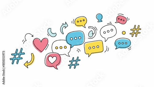 Social media icons and symbols floating around a blank space from a top-down viewpoint